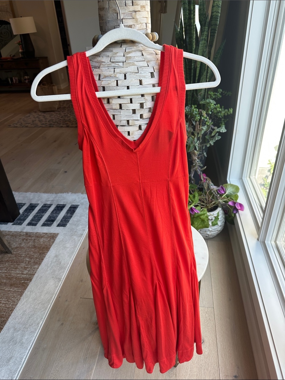 Anthropologie Bright Red Sleeveless V-Neck Dress with Rib Trim